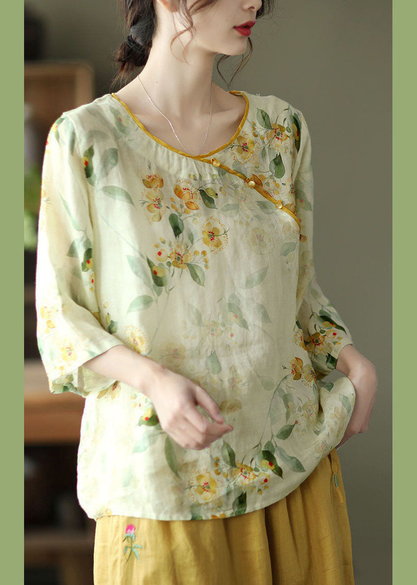 Boutique Yellow Button Print Linen Blouses Long Sleeve