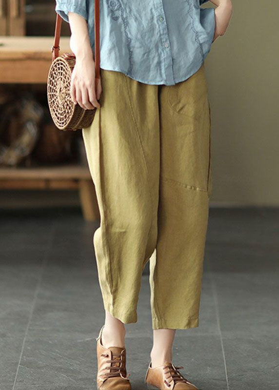 Boutique Yellow Pockets Patchwork Linen Crop Pants Summer