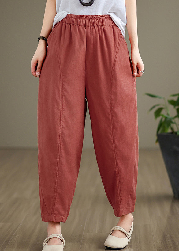 Brick Red Pockets Cotton Pants Elastic Waist Fall