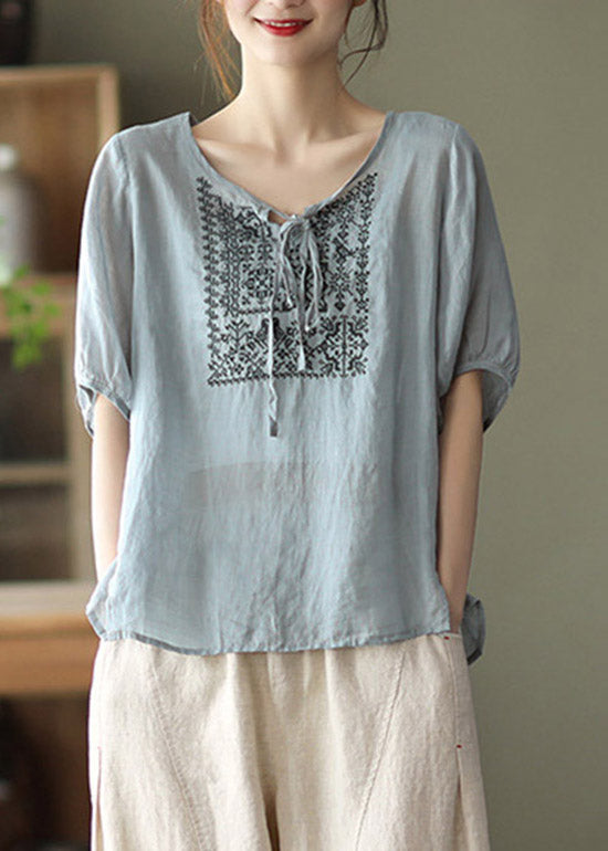 Brief Dusty Blue O-Neck Embroideried Lace up Linen Tops Half Sleeve