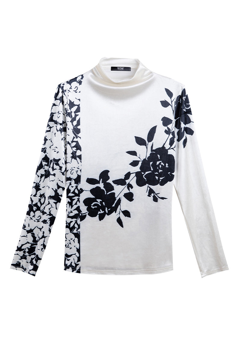 Brief White Turtleneck Print Warm Fleece Thick Velour Tops Bottoming Shirt