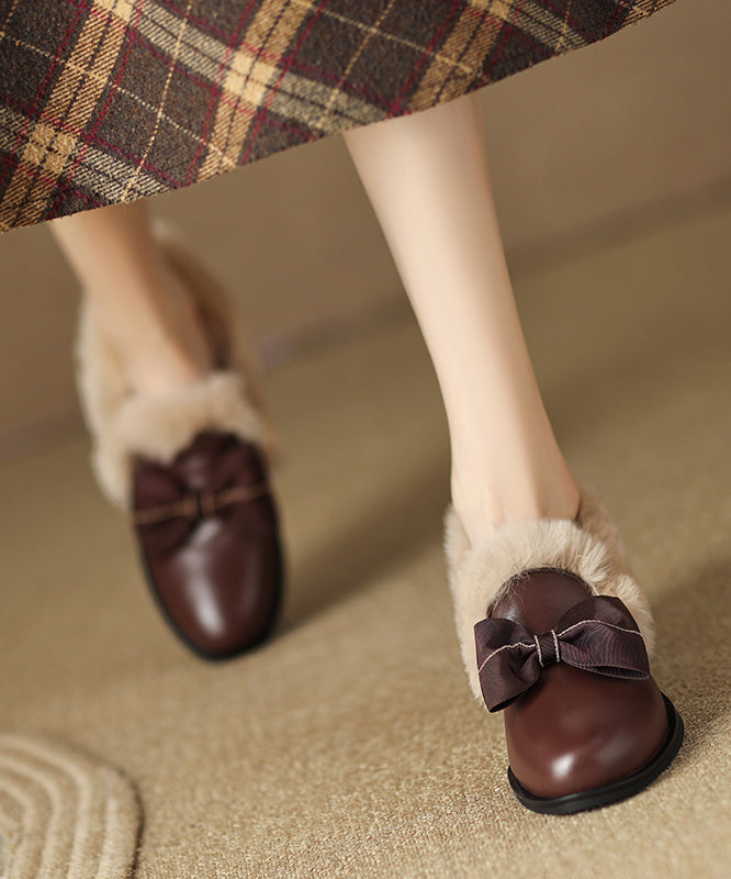 Brown Cowhide Leather Loafers Women Splicing Fuzzy Wool Lined