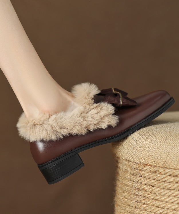 Brown Cowhide Leather Loafers Women Splicing Fuzzy Wool Lined