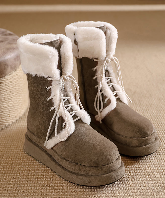 Brown Fuzzy Wool Lined Cross Strap Splicing Platform Boots