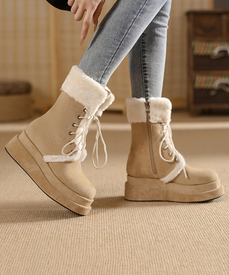 Brown Fuzzy Wool Lined Cross Strap Splicing Platform Boots