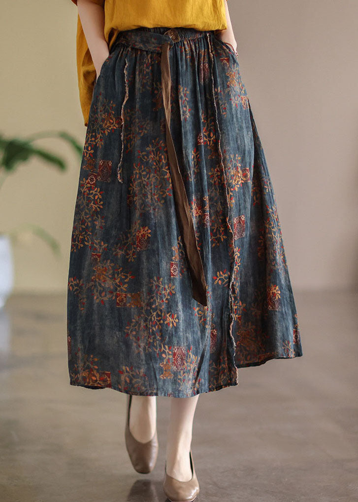 Brown Patchwork Linen Skirts High Waist Print Summer