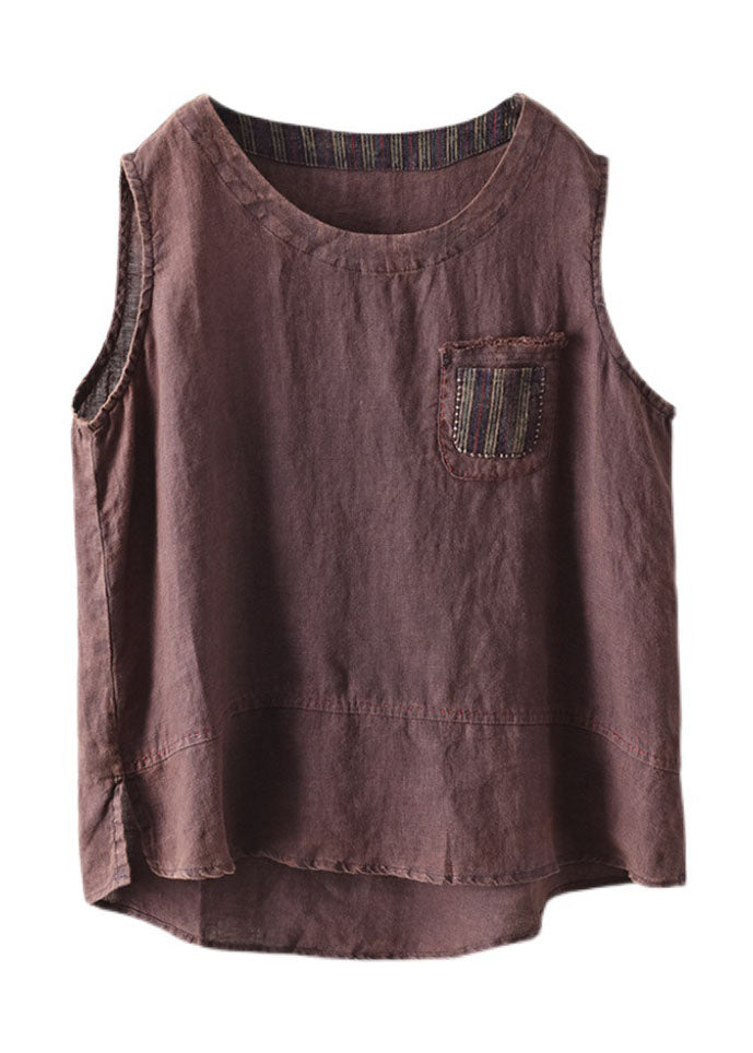 Brown Pocket Patchwork Linen Tanks O-Neck Sleeveless