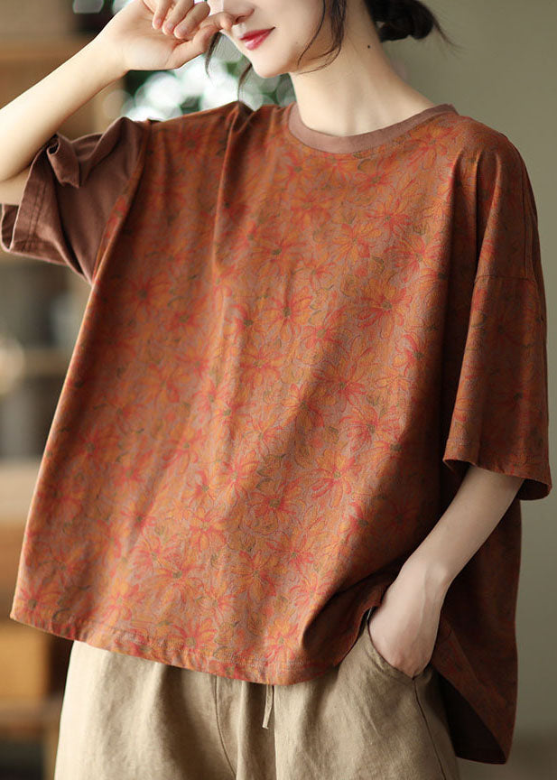 Brown Print Cotton Tanks O-Neck Asymmetrical Batwing Sleeve