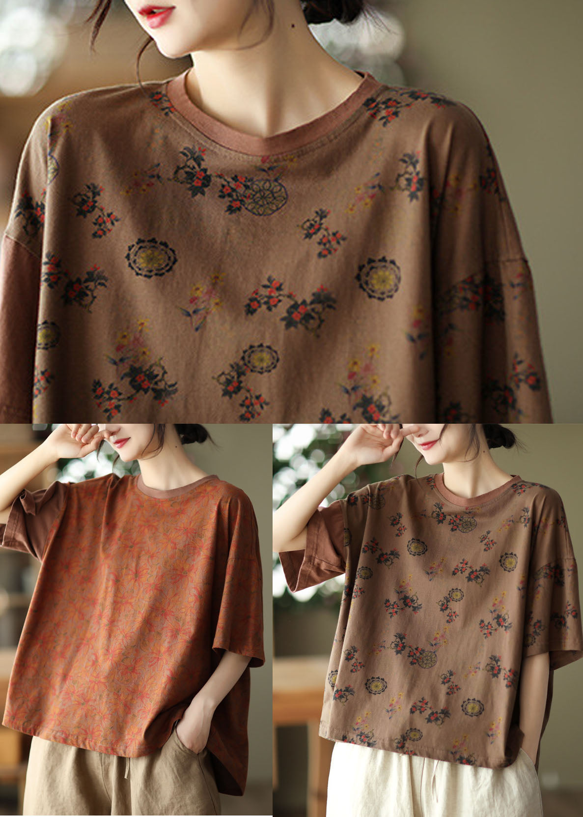 Brown Print Cotton Tanks O-Neck Asymmetrical Batwing Sleeve