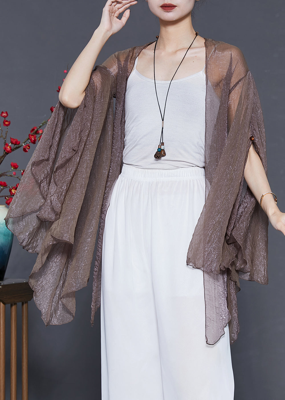 Brown Silk Cardigan Asymmetrical Cloak Sleeves