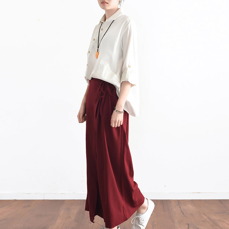 Burgundy asymmetric linen crop pants oversize wide leg pants trousers