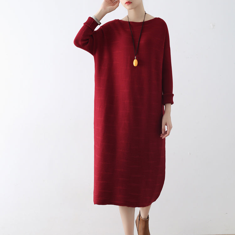 Burgundy wave knit sweater dresses casual long winter dresses cotton sweaters winter 2025