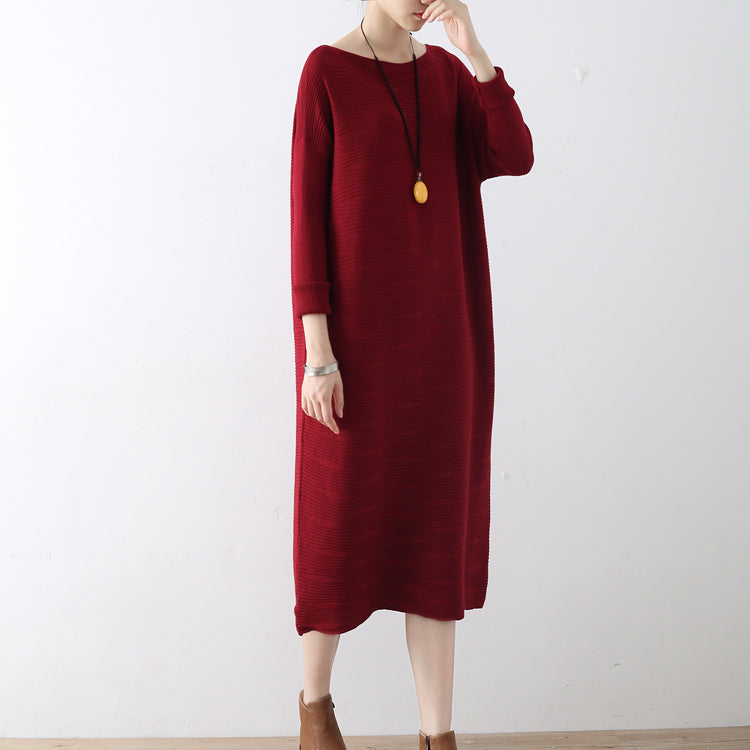 Burgundy wave knit sweater dresses casual long winter dresses cotton sweaters winter 2025