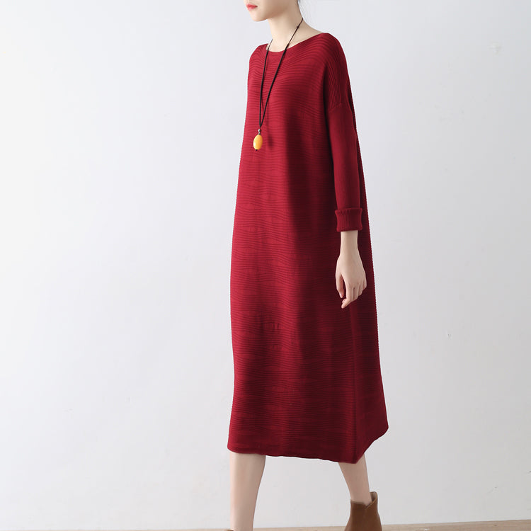 Burgundy wave knit sweater dresses casual long winter dresses cotton sweaters winter 2025