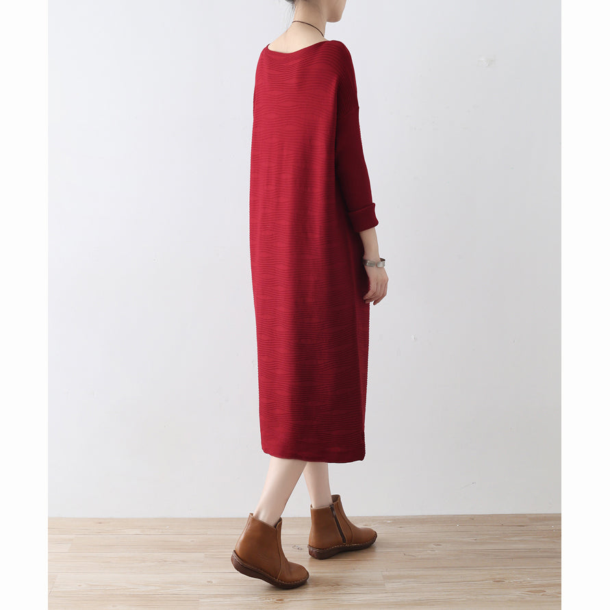 Burgundy wave knit sweater dresses casual long winter dresses cotton sweaters winter 2025