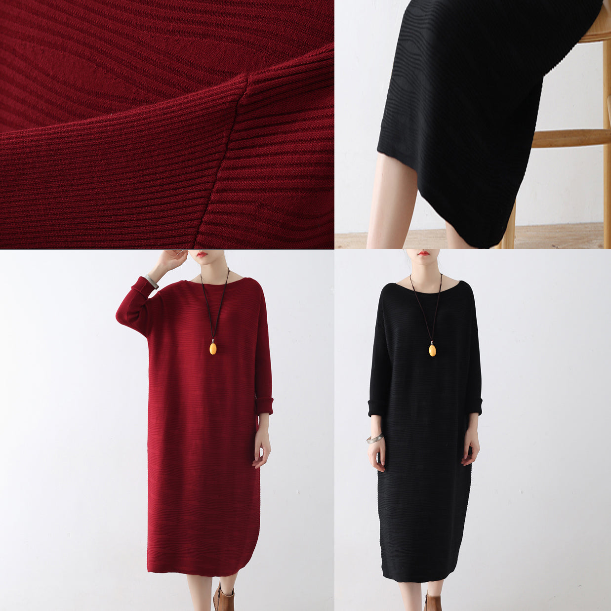 Burgundy wave knit sweater dresses casual long winter dresses cotton sweaters winter 2025