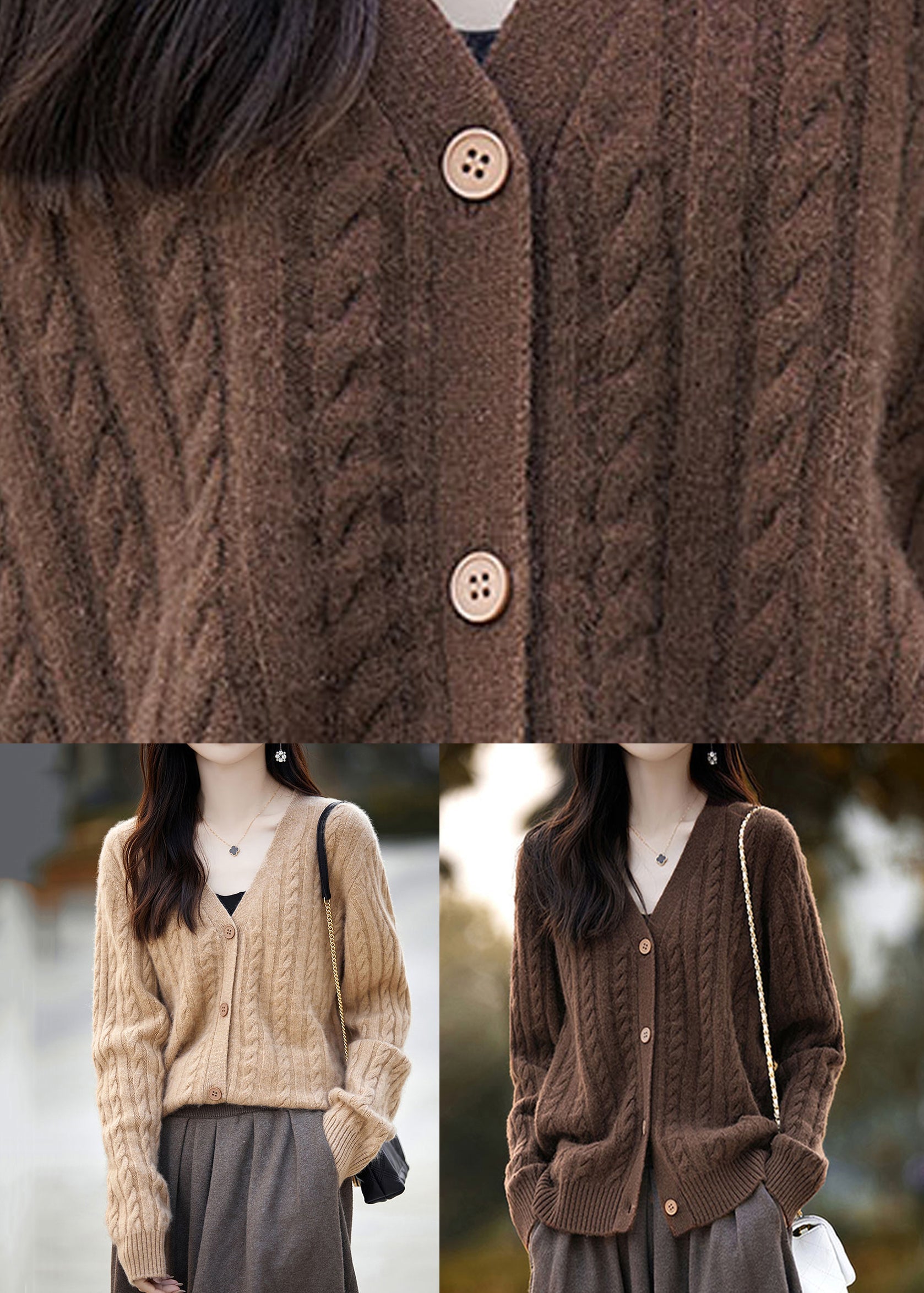 Camel Button Cozy Woolen Knit Cardigans V Neck Long Sleeve