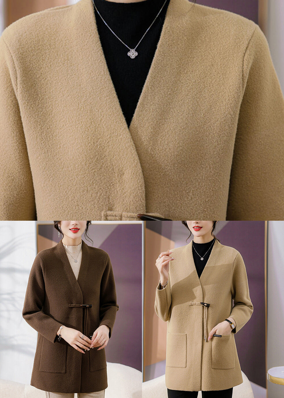 Camel Woolen Coats Patchwork Button Spring