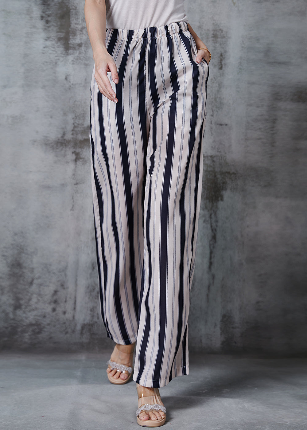 Casual Apricot Striped Cotton Straight Pants Spring