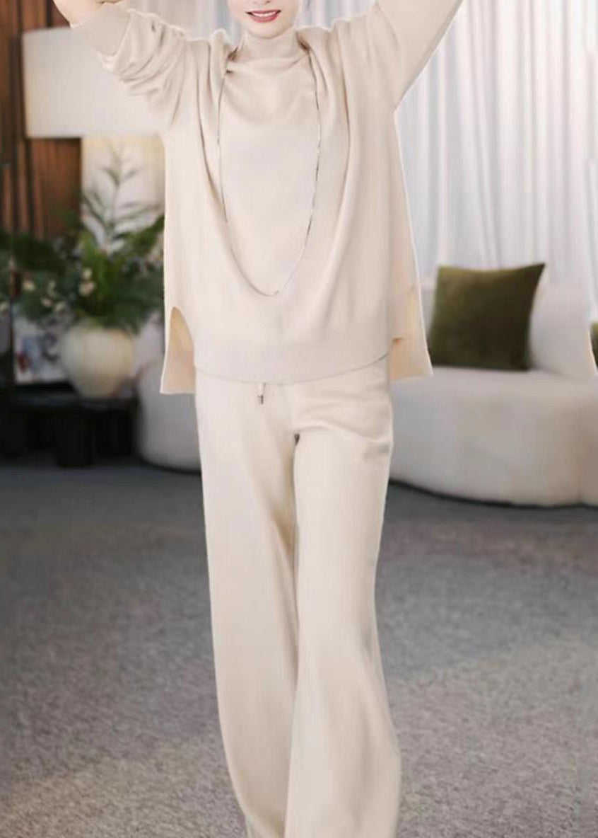 Casual Beige Turtleneck Cotton Knit Sweaters And Wide Leg Pants Two Pieces Set Winter