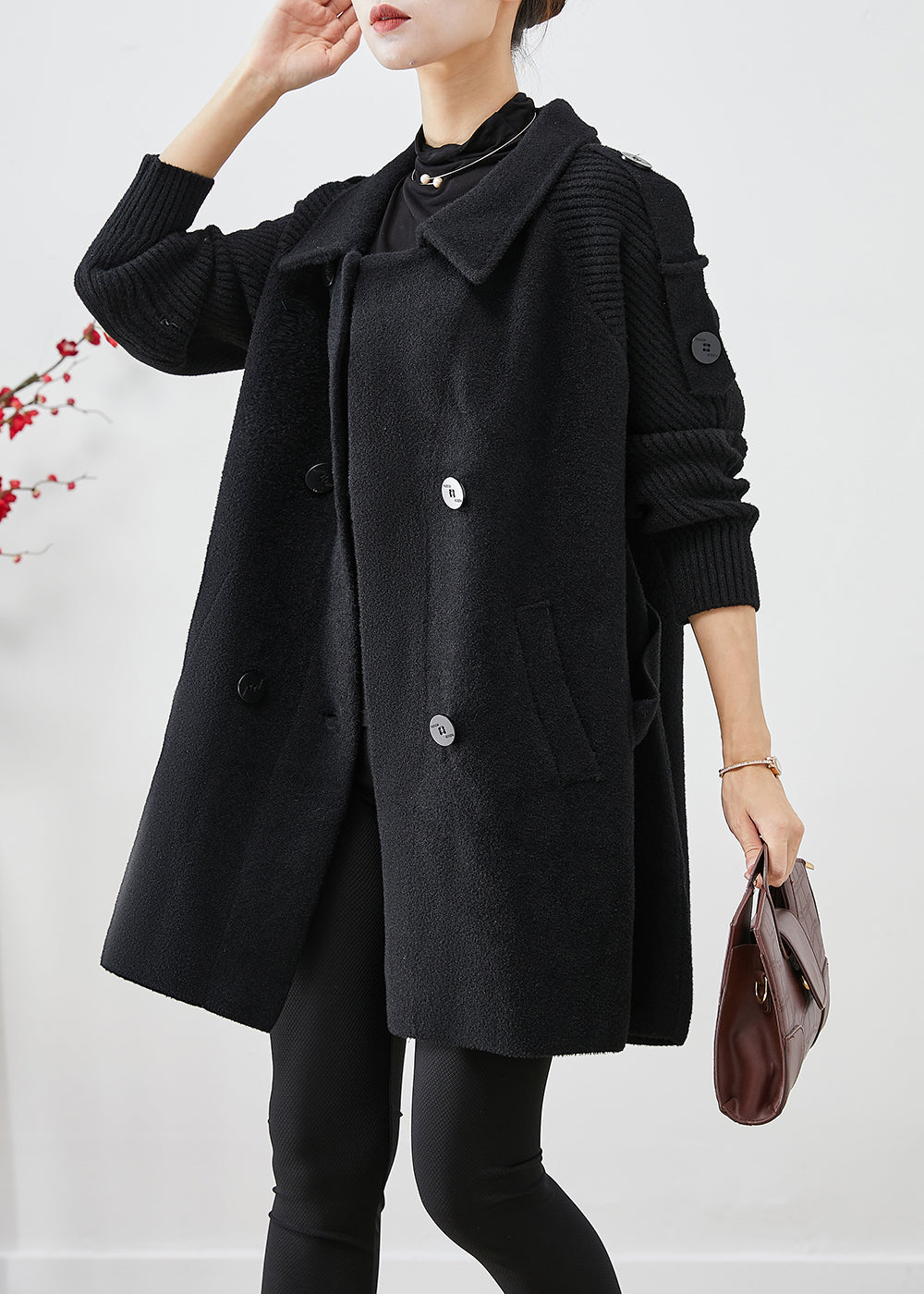 Casual Black Double Breast Patchwork Woolen Trench Coats Fall