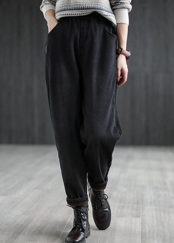 Casual Black Elastic Waist Pockets Warm Fleece Denim Harem Pants Winter