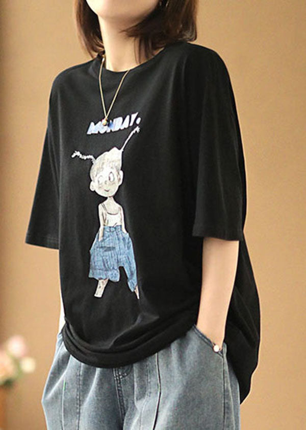 Casual Black O-Neck Print Oversized Cotton Tanks Short Sleeve