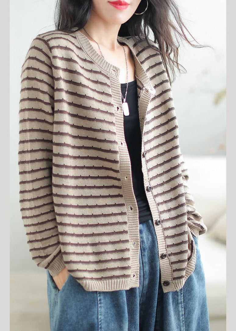 Casual Black O-Neck Striped Patchwork Button Cozy Cotton Knit Sweaters Coats Fall