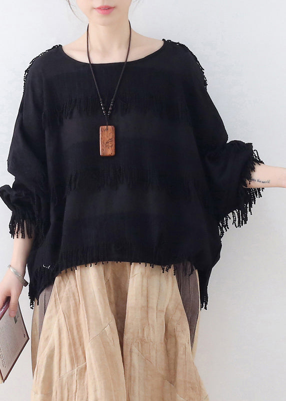 Casual Black Original Design O-Neck Cotton Tops Lantern Sleeve