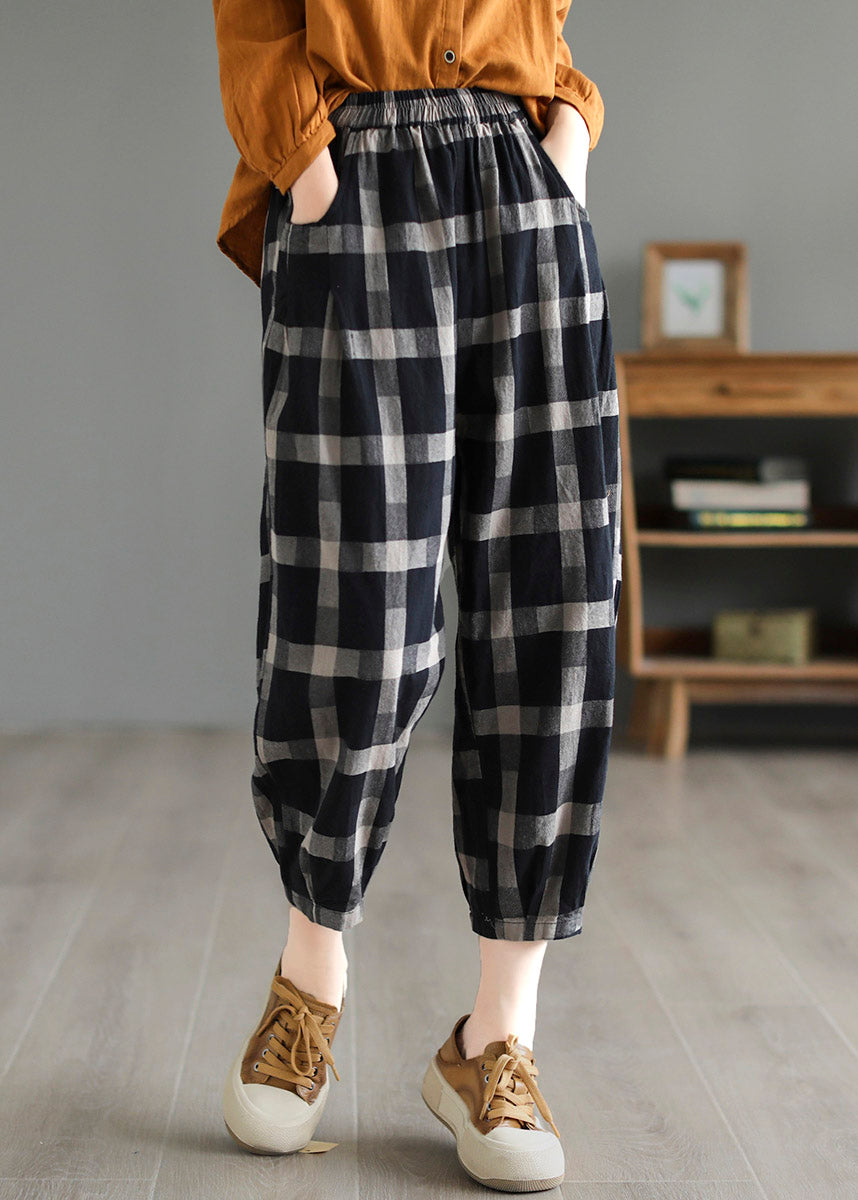 Casual Black Plaid High Waist Linen Crop Pants