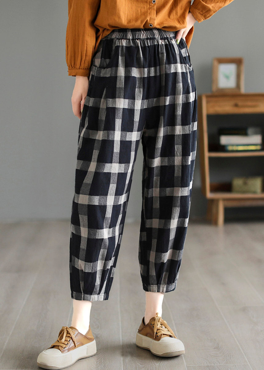 Casual Black Plaid High Waist Linen Crop Pants