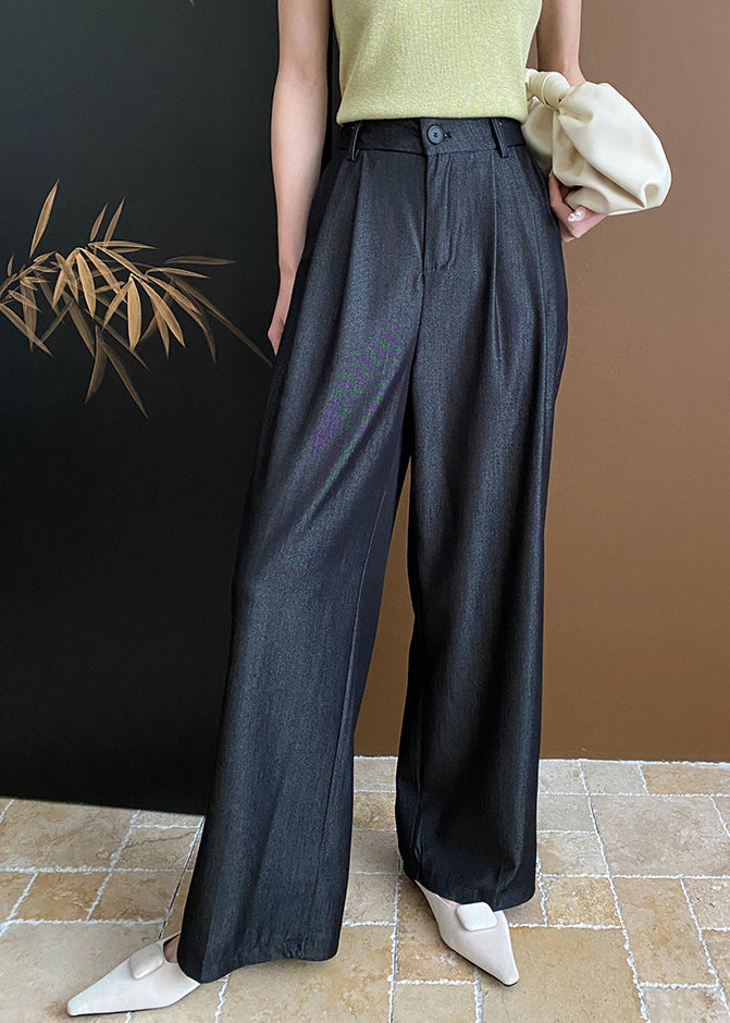 Casual Black Pockets Cotton Wide Leg Pants Summer