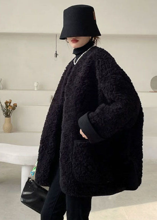 Casual Black Pockets Faux Fur Jacket Winter