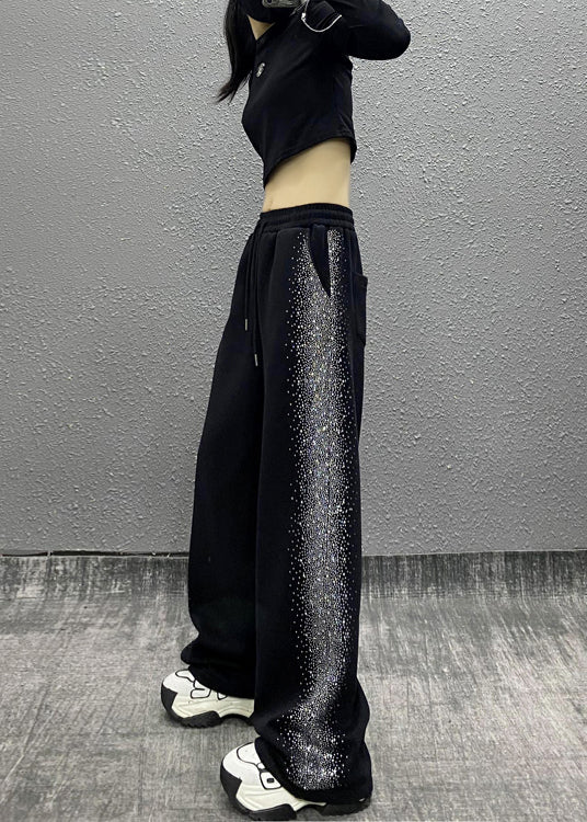 Casual Black Pockets Zircon Elastic Waist Cotton Pants Spring