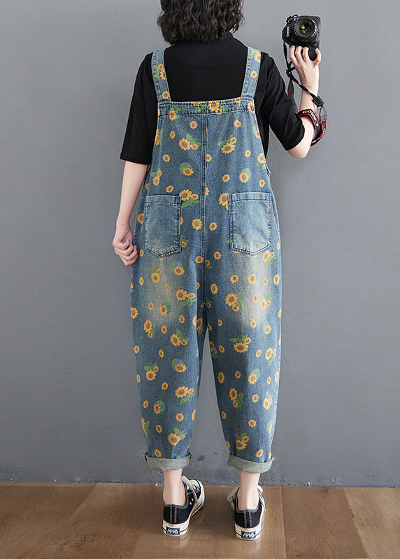 Casual Blue Daisy Patchwork Pockets Denim Jumpsuit Summer