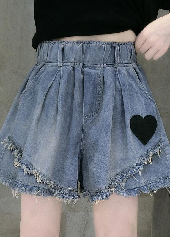 Casual Blue Elastic Waist Love Patchwork Shorts Jeans Summer