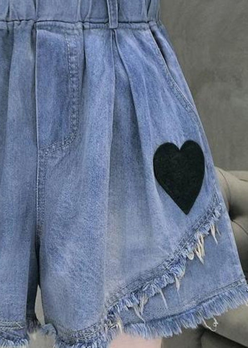 Casual Blue Elastic Waist Love Patchwork Shorts Jeans Summer