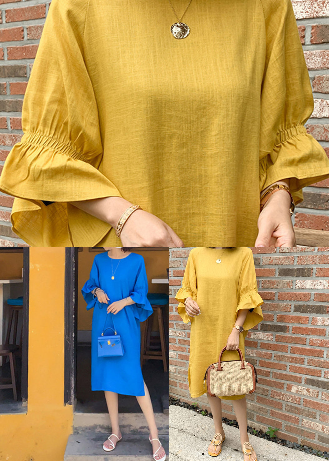 Casual Blue O-Neck Long Dresses Flare Sleeve