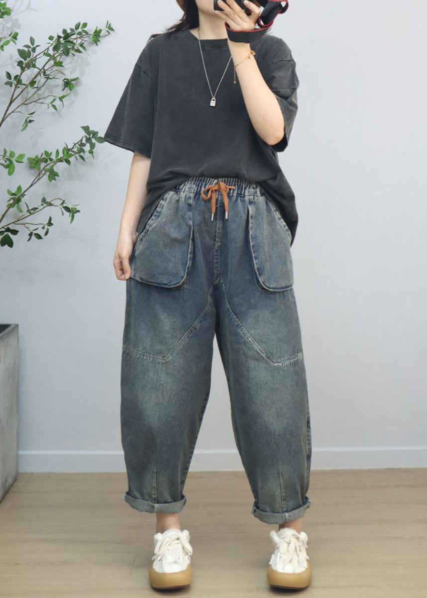 Casual Blue Oversized Big Pockets Denim Harem Pants Spring