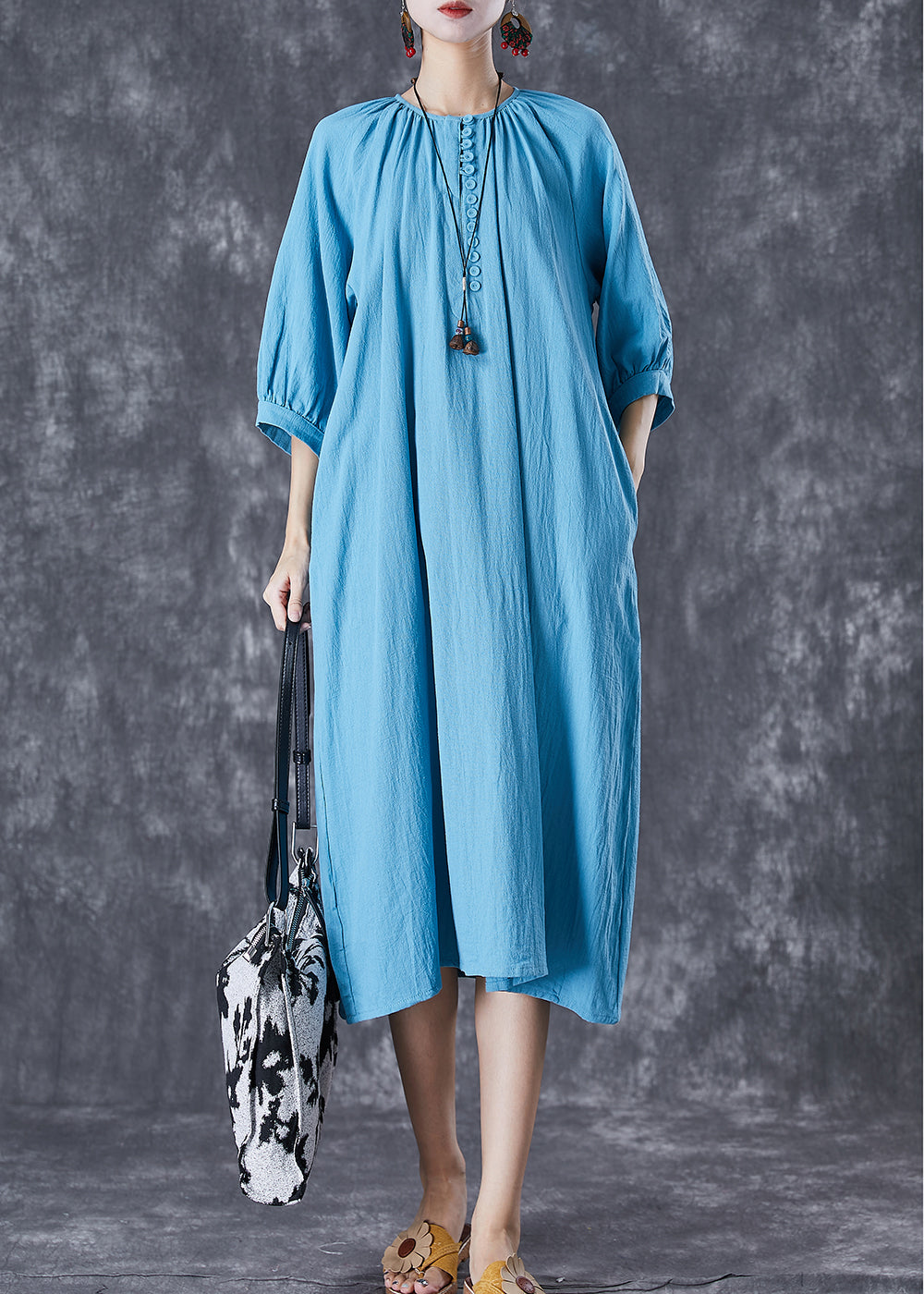 Casual Blue Oversized Button Down Linen Long Dress Bracelet Sleeve