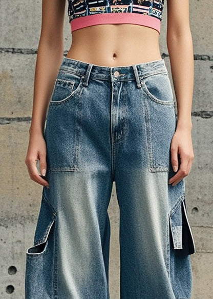 Casual Blue Oversized Pockets Denim Crop Pants Spring