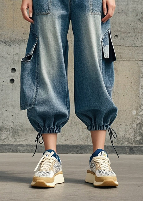 Casual Blue Oversized Pockets Denim Crop Pants Spring