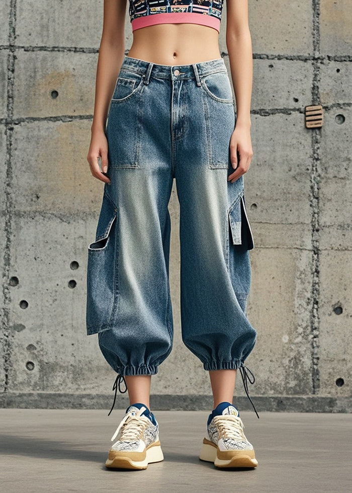 Casual Blue Oversized Pockets Denim Crop Pants Spring