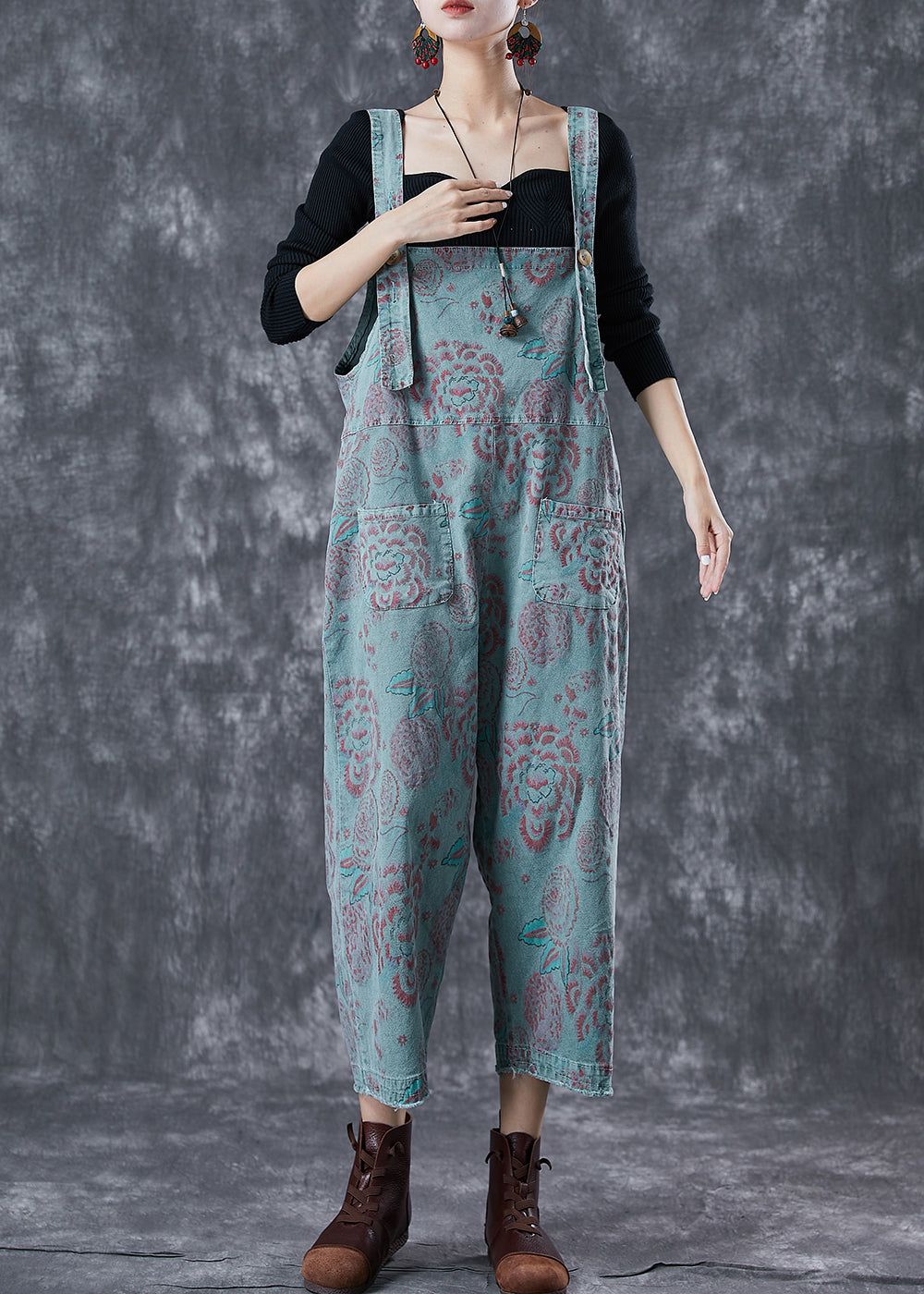 Casual Blue Oversized Print Denim Jumpsuits Summer