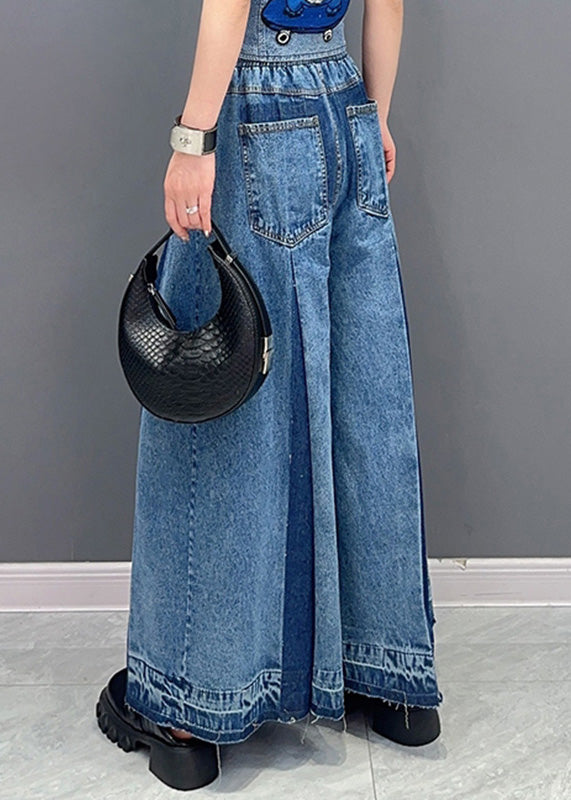 Casual Blue Patchwork Drawstring Elastic Waist Denim Wide Leg Pants Summer