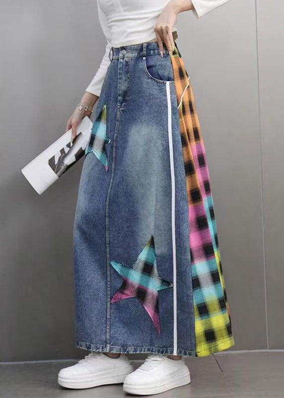 Casual Blue Plaid Patchwork patch Denim Maxi Skirts Spring