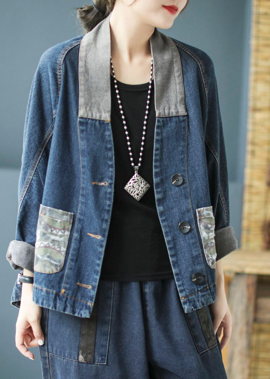 Casual Blue Pockets Button Patchwork Print Fall Denim Long sleeve Coat