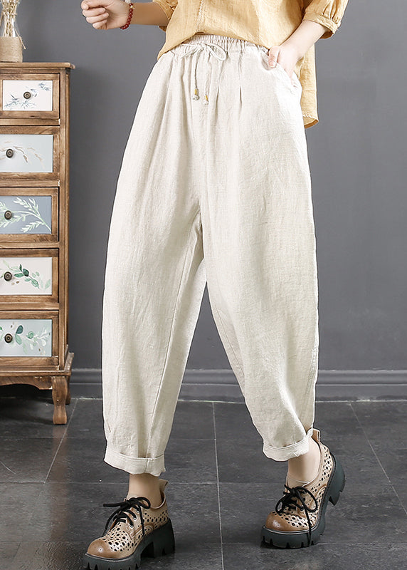 Casual Blue Pockets Cinched Elastic Waist Linen Crop Pants Fall