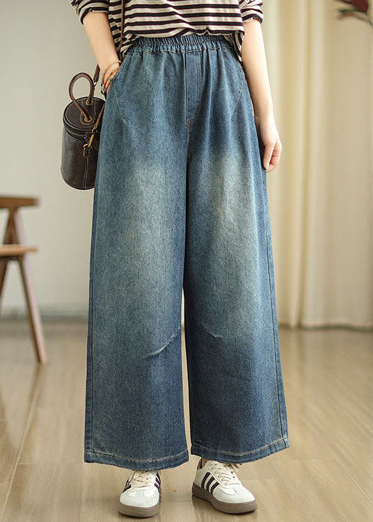 Casual Blue Pockets Elastic Waist Denim Wide Leg Pants Spring