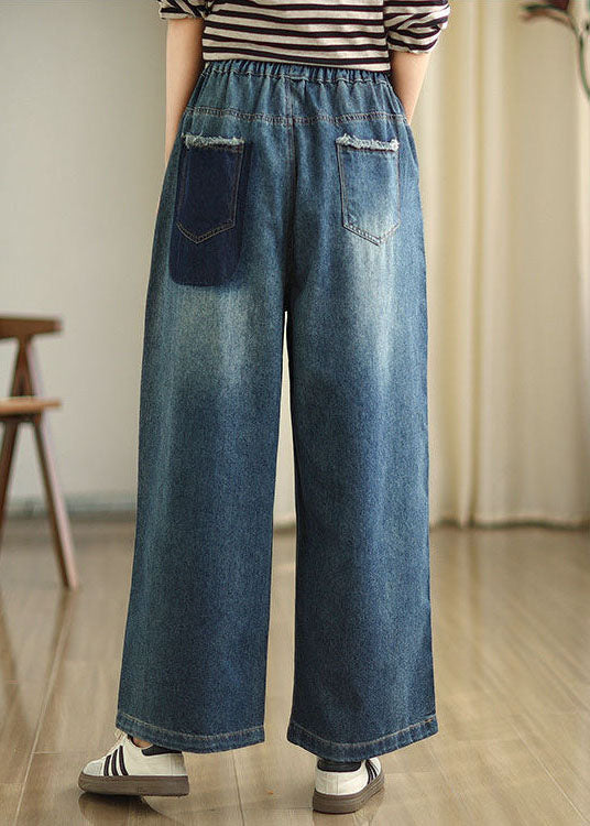 Casual Blue Pockets Elastic Waist Denim Wide Leg Pants Spring